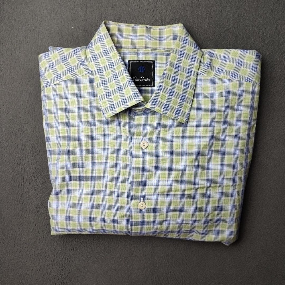 David Donahue Shirt Mens 17 32/33 Green Blue Plaid Long Sleeve Button Front